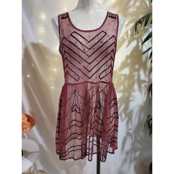Free People Dresses & Skirts - Free People Sheer Mesh Beaded Mini Embellished Slip Dress In Plum Size S Flapper
